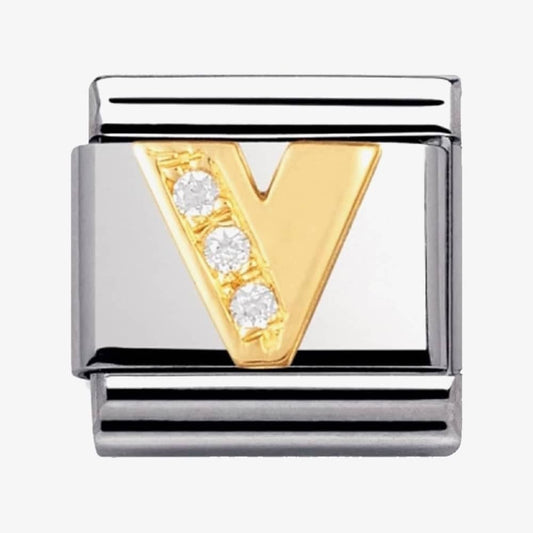 COMPOSABLE Classic LETTER V in stainless steel with 18k gold and Cubic Zirconia