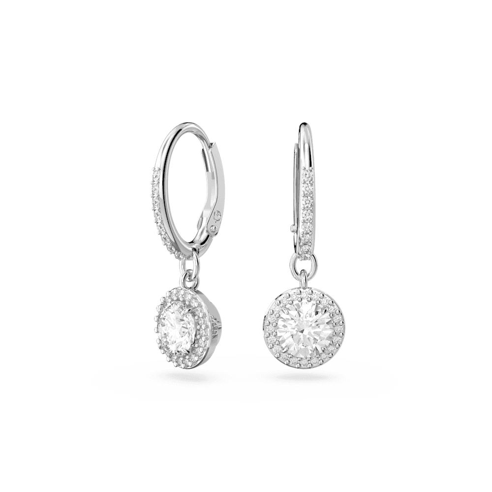 CONSTELLA ROUND SILVER CLEAR CRYSTAL HOOP EARRINGS WITH SOLITAIRE DROP