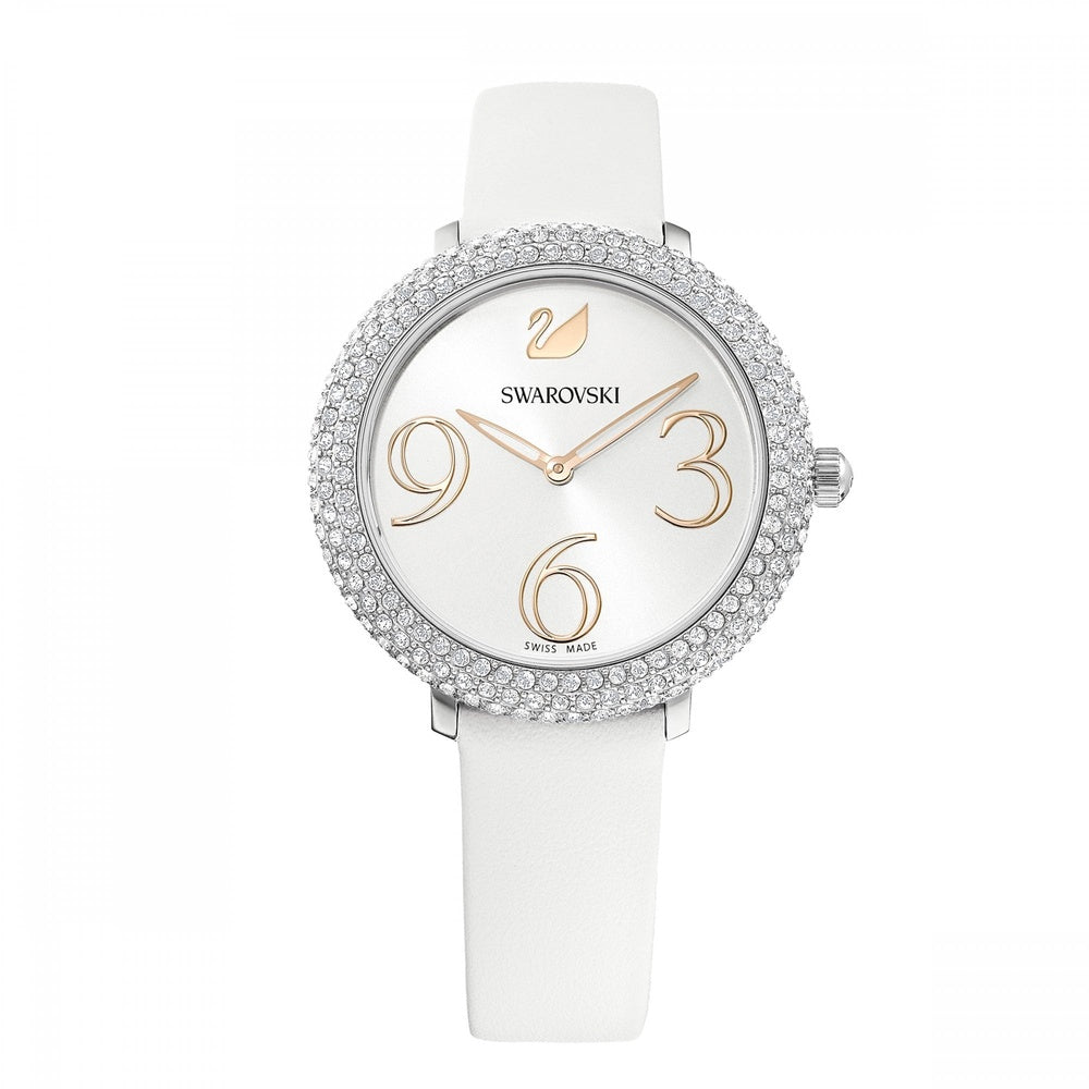 CRYSTAL FROST WATCH, WHITE LEATHER STRAP, SILVER TONE DIAL, SWAROVSKI CRYSTALS ON BEZEL, STAINLESS STEEL CASE