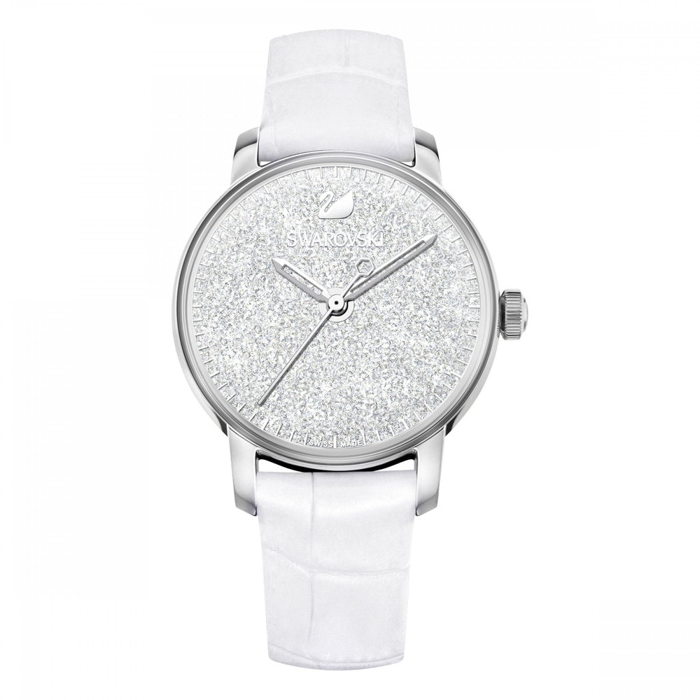 CRYSTALLINE ANALOG WATCH, SWAROVSKI CRYSTAL FILLED DIAL, WHITE LEATHER STRAP, STAINLESS STEEL CASE
