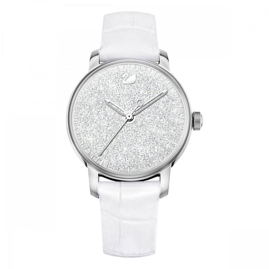 CRYSTALLINE ANALOG WATCH, SWAROVSKI CRYSTAL FILLED DIAL, WHITE LEATHER STRAP, STAINLESS STEEL CASE