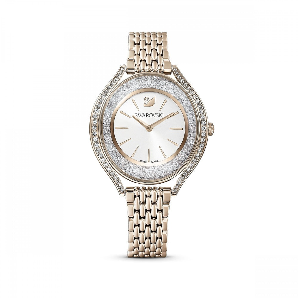 CRYSTALLINE AURA WATCH CHAMPAGNE, WHITE SILVER TONE DIAL SURROUNDED BY WHITE SWAROVSKI CRYSTALS, CHAMPAGNE GOLD TONE PVD CASE & BRACELET