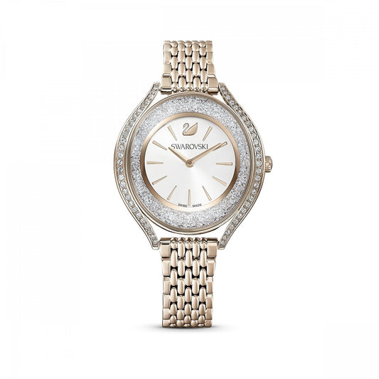 CRYSTALLINE AURA WATCH CHAMPAGNE, WHITE SILVER TONE DIAL SURROUNDED BY WHITE SWAROVSKI CRYSTALS, CHAMPAGNE GOLD TONE PVD CASE & BRACELET