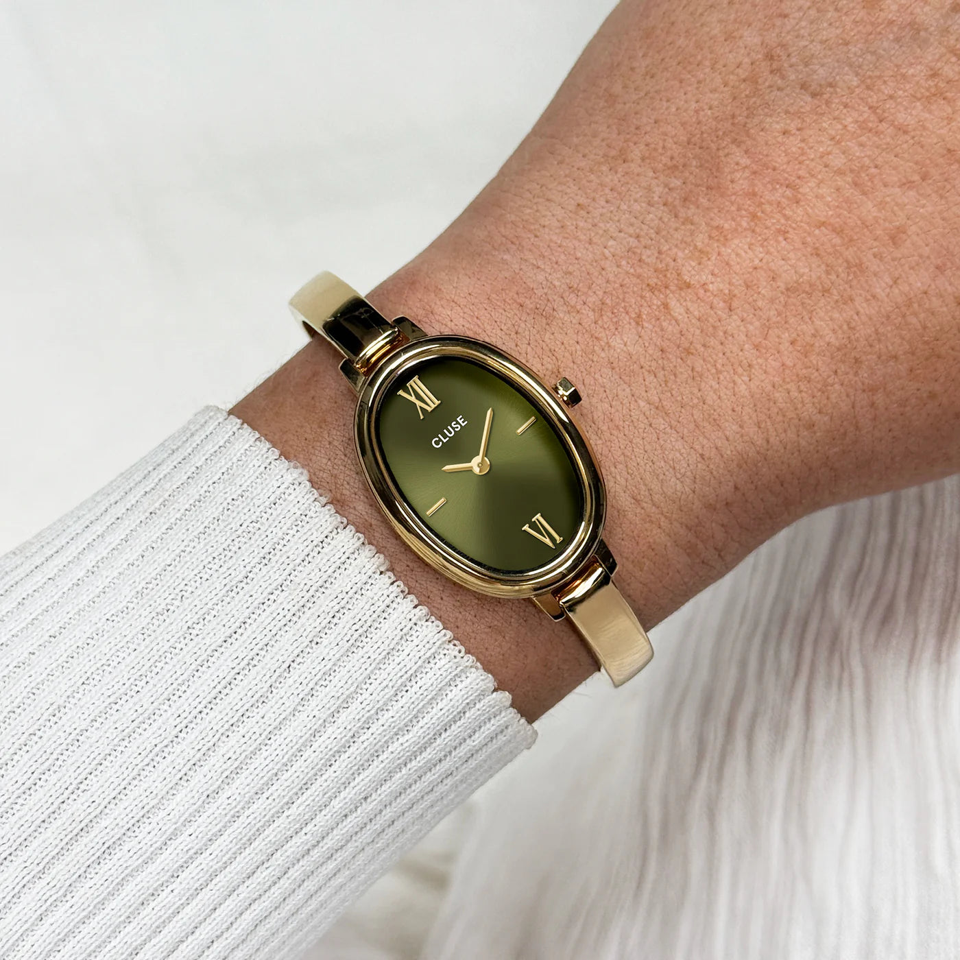 CLUSE L'OVALE OLIVE GREEN DIAL LADIES GOLD STAINLESS STEEL WATCH