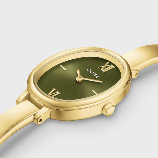 CLUSE L'OVALE OLIVE GREEN DIAL LADIES GOLD STAINLESS STEEL WATCH