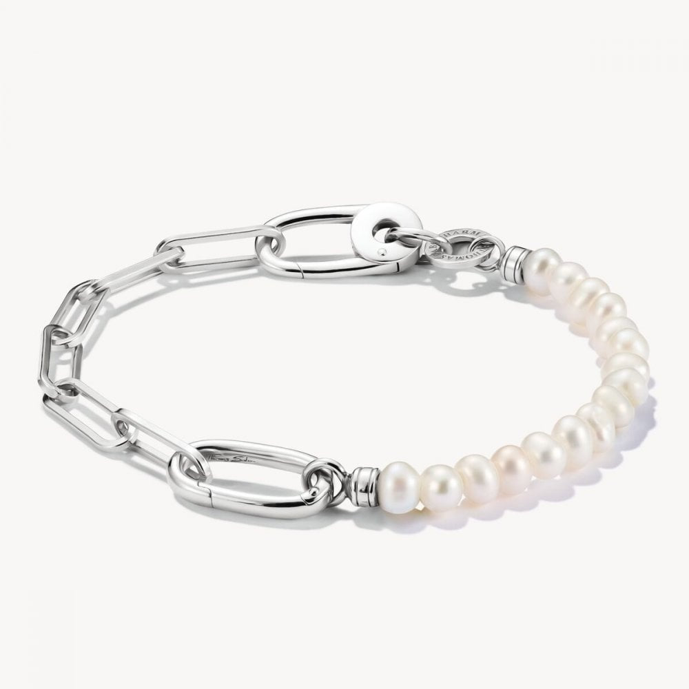 Charm bracelet paperclip and pearls with Connect link silver length 19