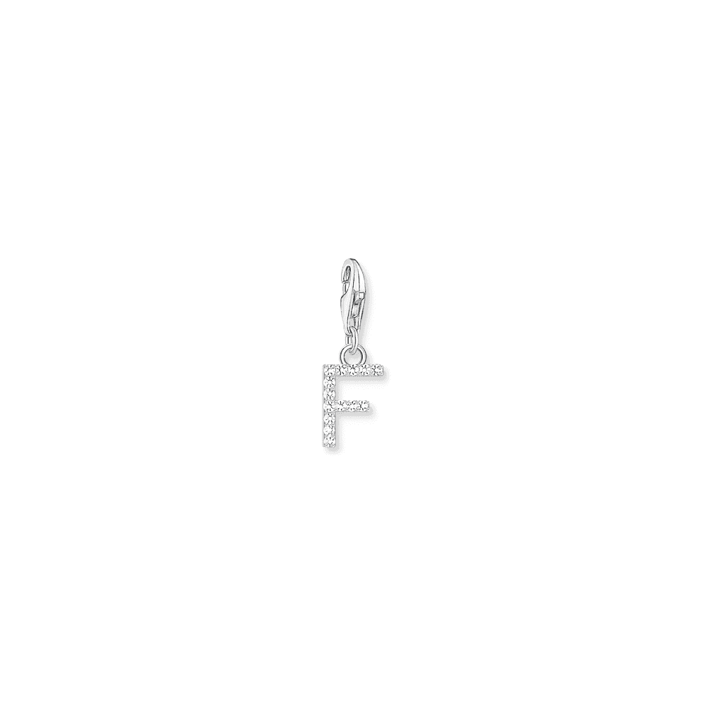 Charm pendant letter F with white stones silver 