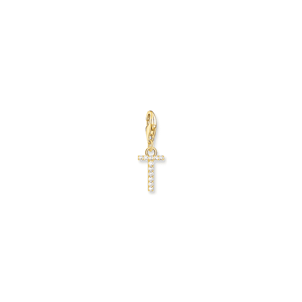 Charm pendant letter T with white stones gold plated 
