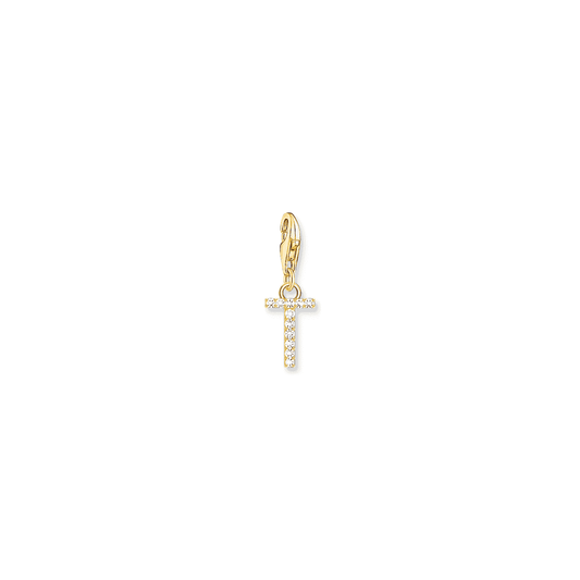 Charm pendant letter T with white stones gold plated 