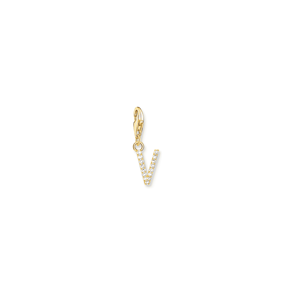 Charm pendant letter V with white stones gold plated 