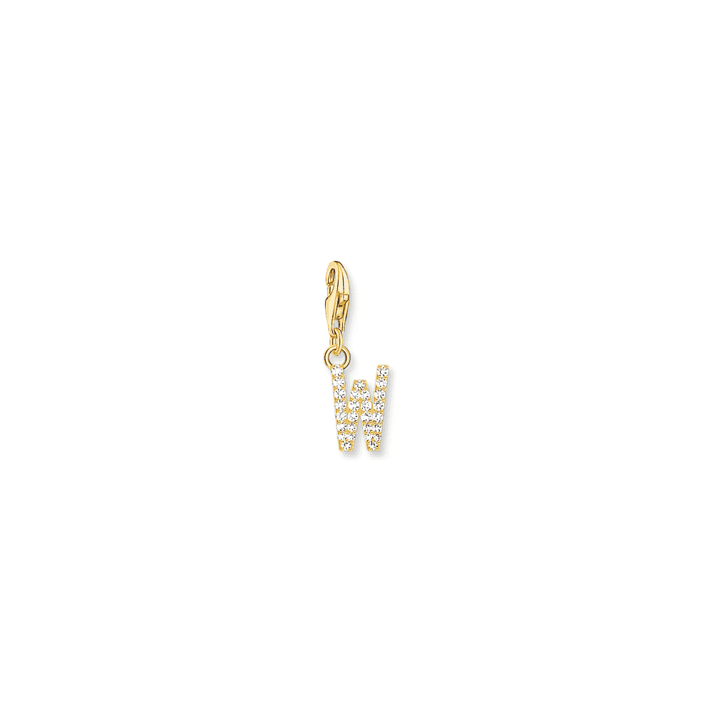 Charm pendant letter W with white stones gold plated 