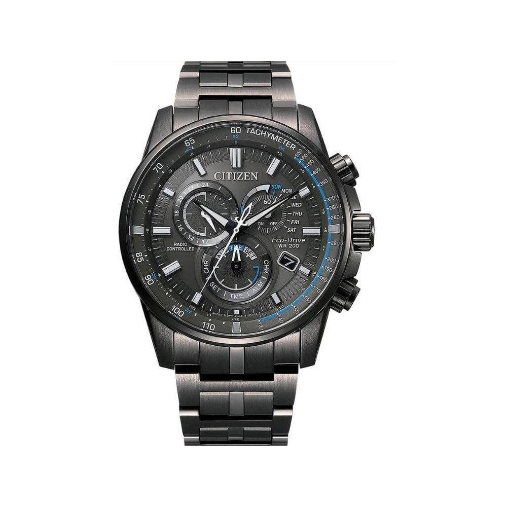 Citizen PCAT Eco Drive Worldtime Grey & Blue Chronograph Charcoal Bracelet Watch