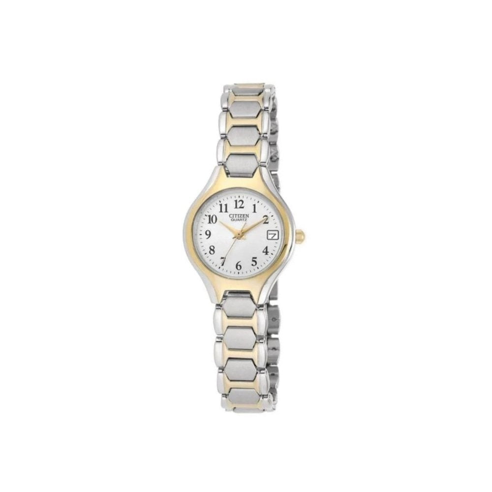 Citizen Quartz Two Tone Gold Steel White Dial 23mm Ladies Watch