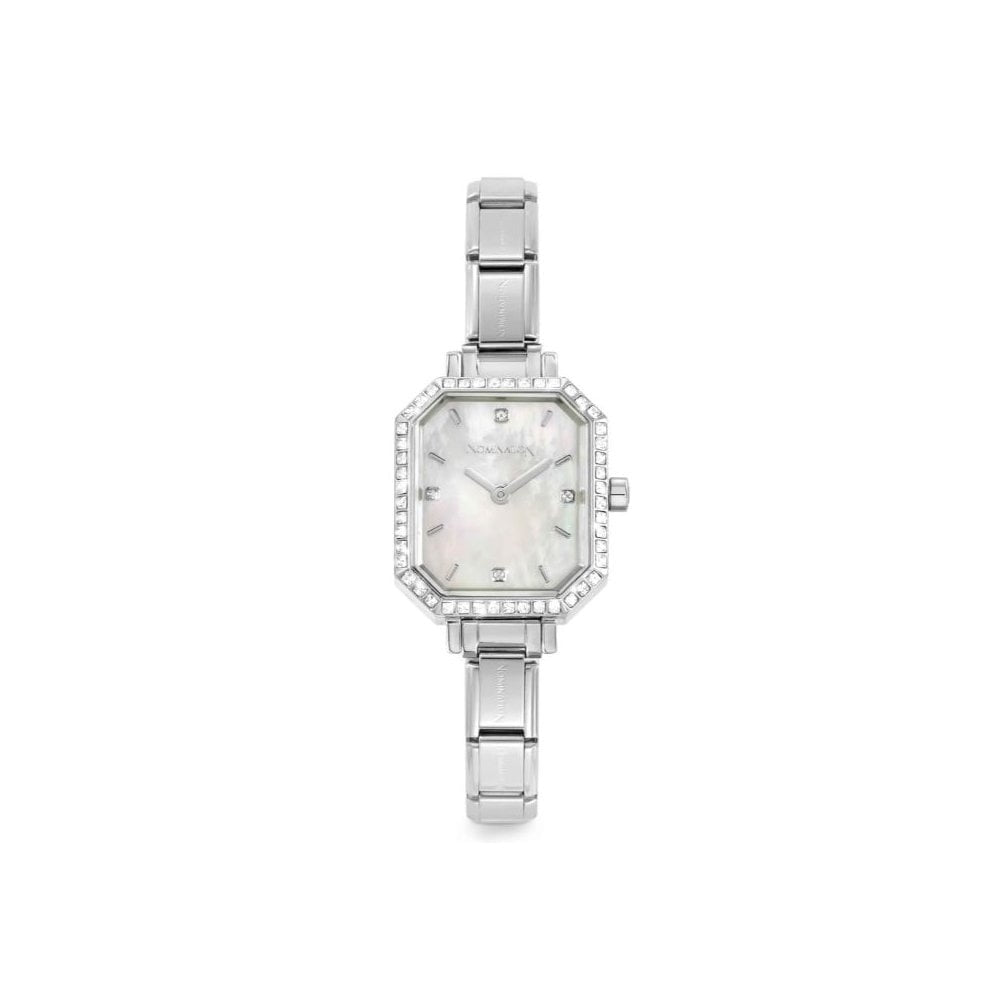 Classic Paris Rectangular, White Mother of Pearl Dial, CZ Bezel Ladies Stainless Watch