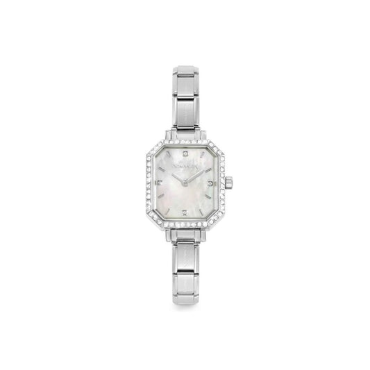 Classic Paris Rectangular, White Mother of Pearl Dial, CZ Bezel Ladies Stainless Watch