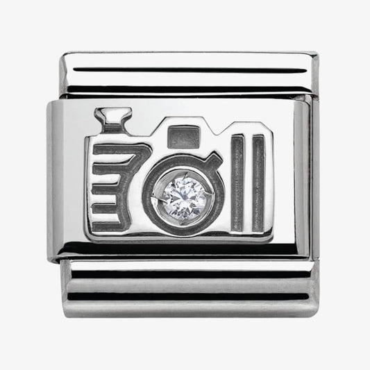 Composable CAMERA CHARM stainless steel , silver 925, and cubic zirconia.