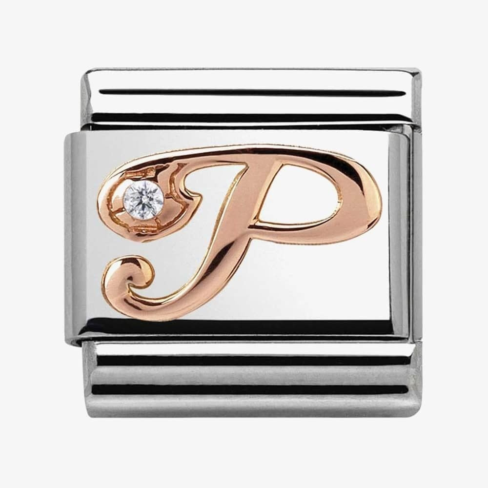 Composable Classic LETTER / INITIAL P steel, zirconia and 9CT rose gold charm