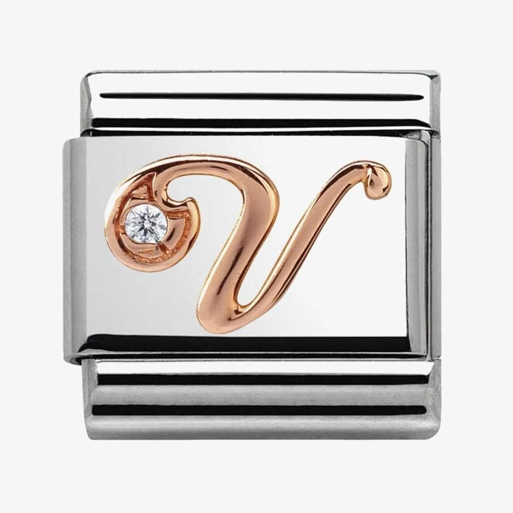 Composable Classic LETTER / INITIAL V steel, zirconia and 9CT rose gold charm