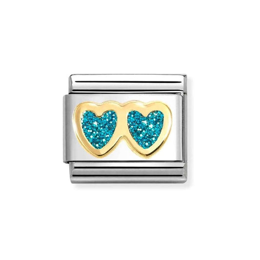 Composable Classic Link, Double Heart, Turquoise Glitter Charm