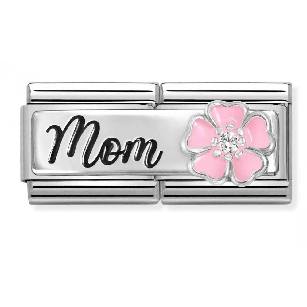 Composable Classic Link, 'Mom' with Pink Flower Double Link Charm