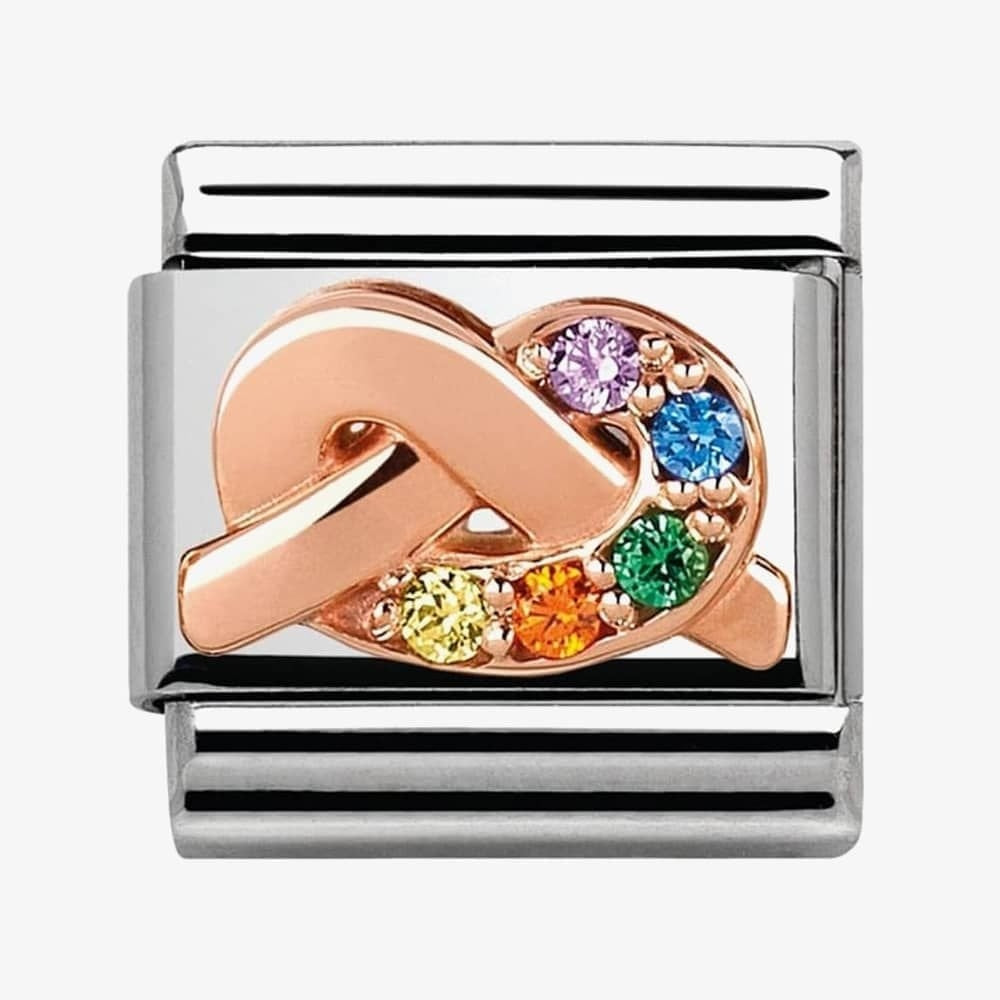 Composable Classic RAINBOW KNOT charm in stainless steel with 9KT rose gold symbols and Cubic Zirconia