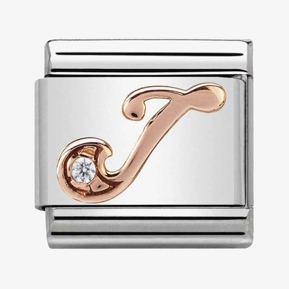 Composable LETTER / INITIAL J steel, zirconia and 9CT rose gold charm