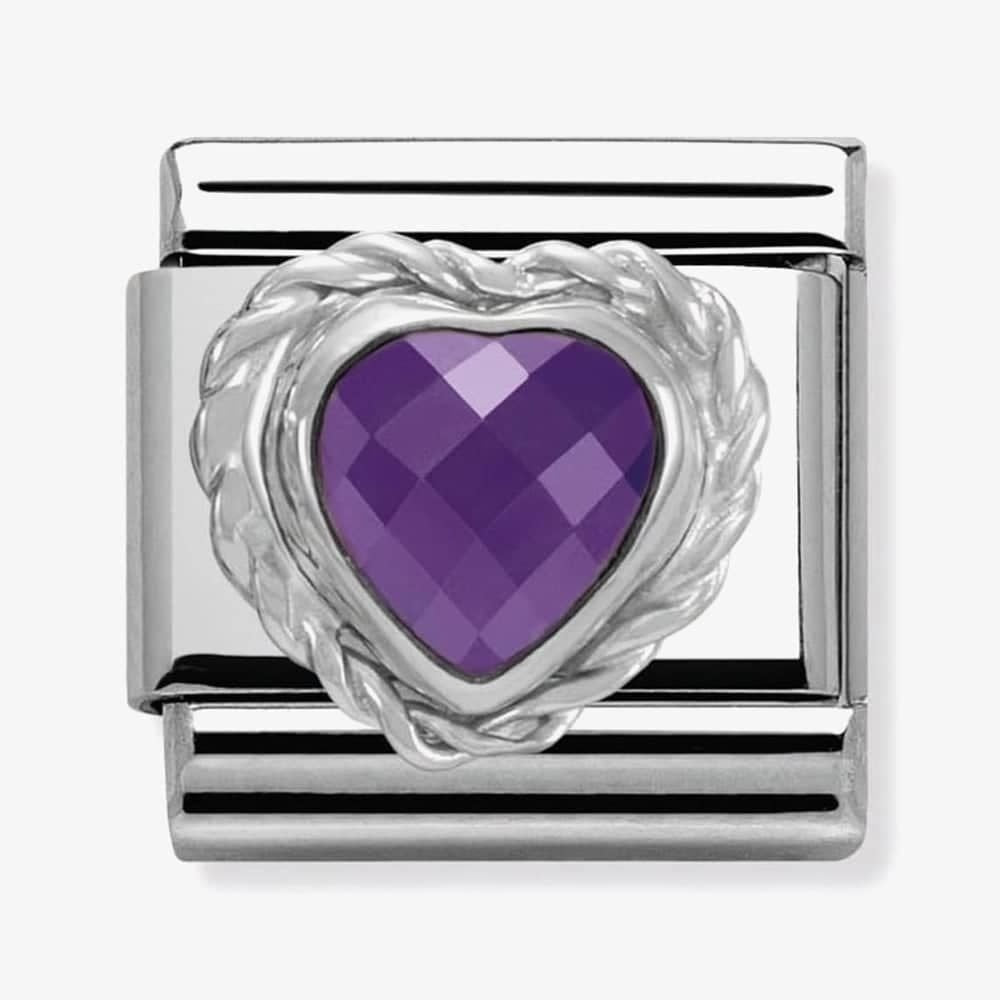 Composable PURPLE HEART FACETED CZ in stainless steel 925 silver twisted setting