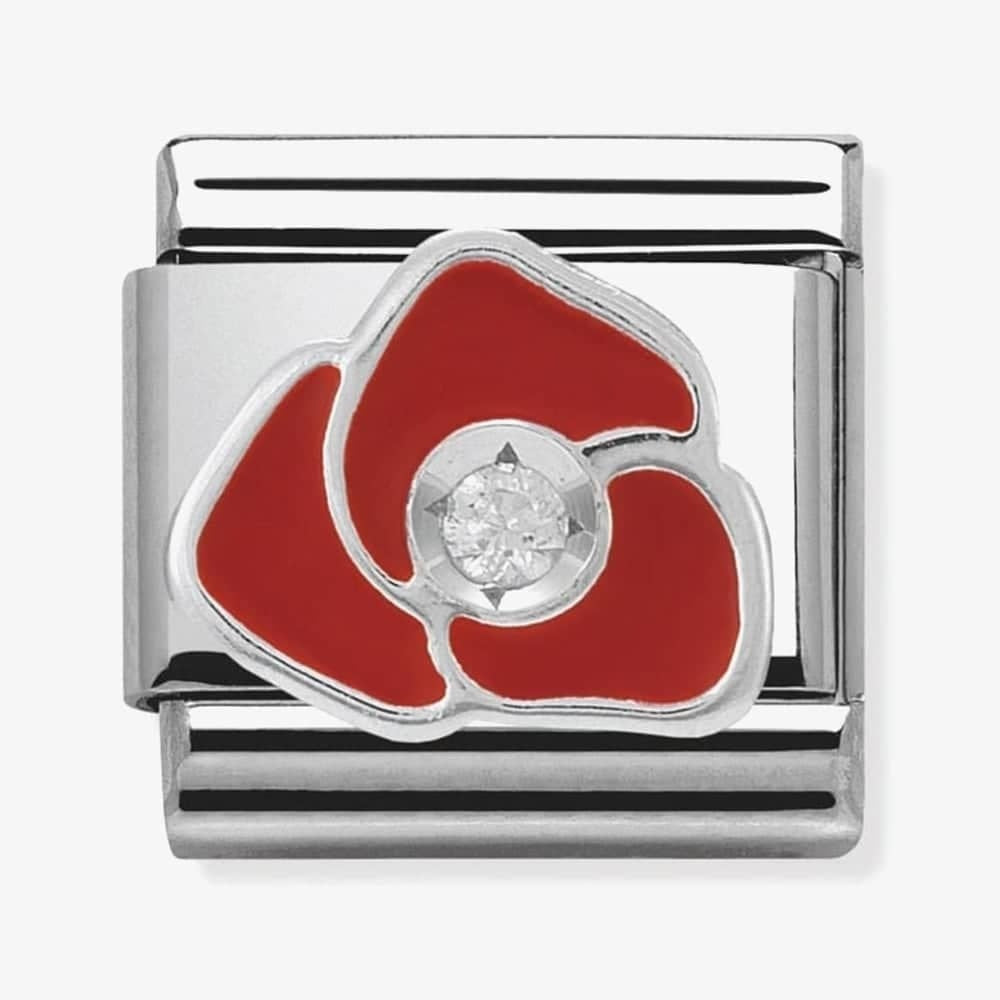 Composable RED ROSE stainless steel, enamel, 1 Cubic Zirconia and 925 silver