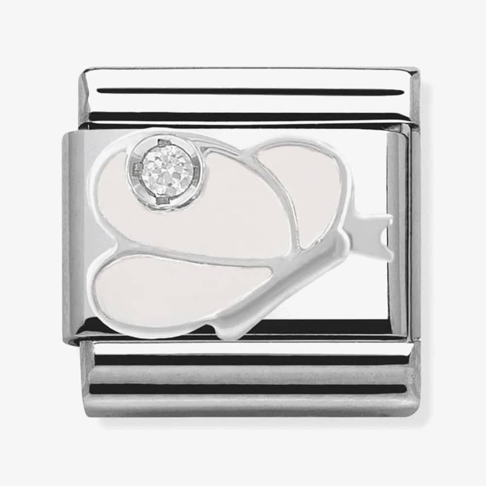 Composable WHITE BUTTERFLY stainless steel, enamel, 1 Cubic Zirconia and 925 silver