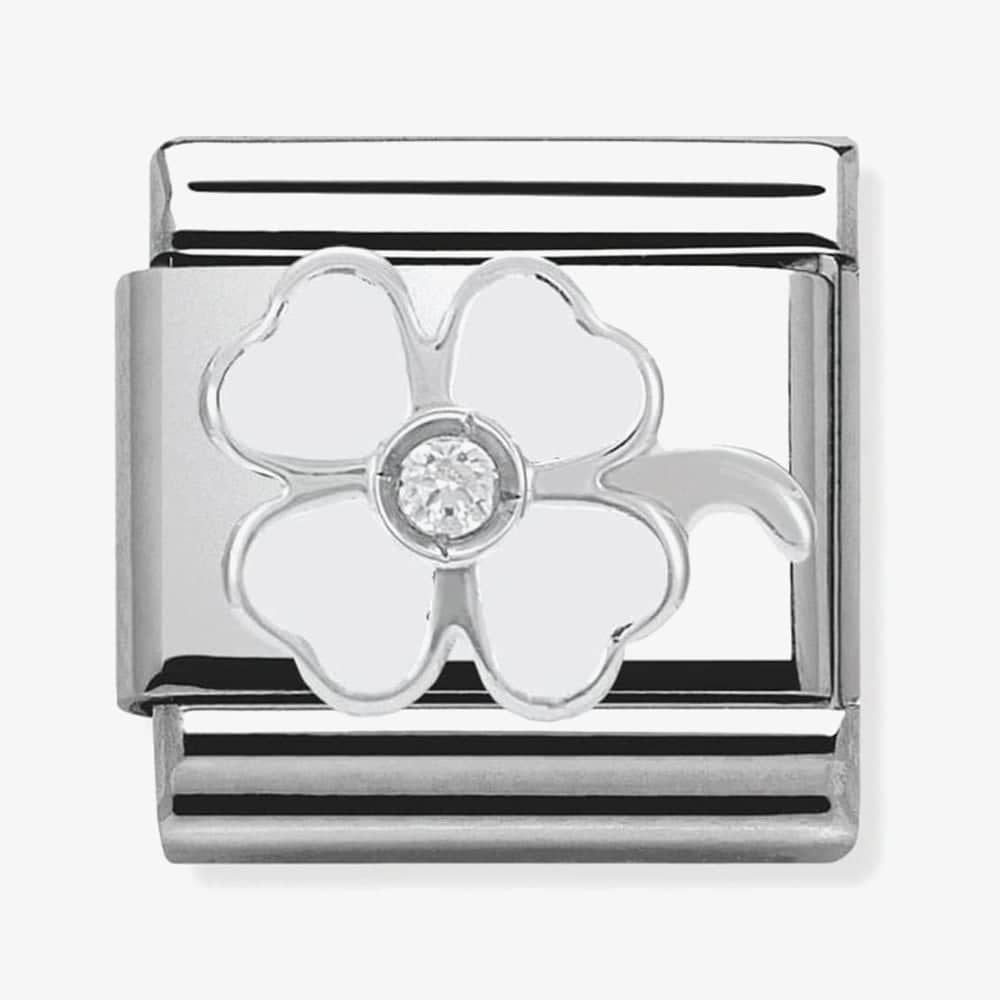 Composable WHITE FOUR-LEAF-CLOVER. stainless steel, enamel, 1 Cub. Zirc and 925 silver