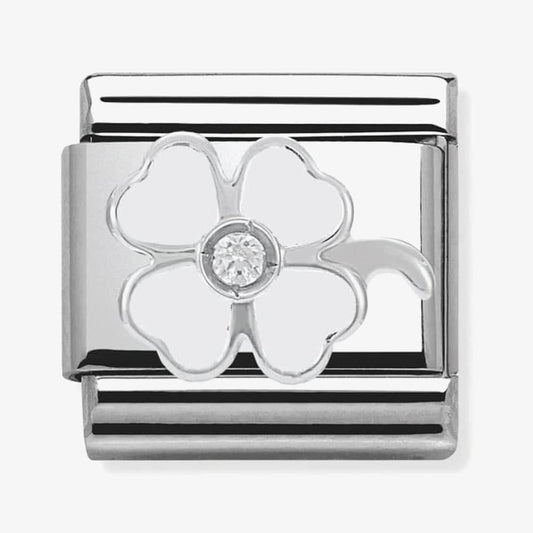 Composable WHITE FOUR-LEAF-CLOVER. stainless steel, enamel, 1 Cub. Zirc and 925 silver