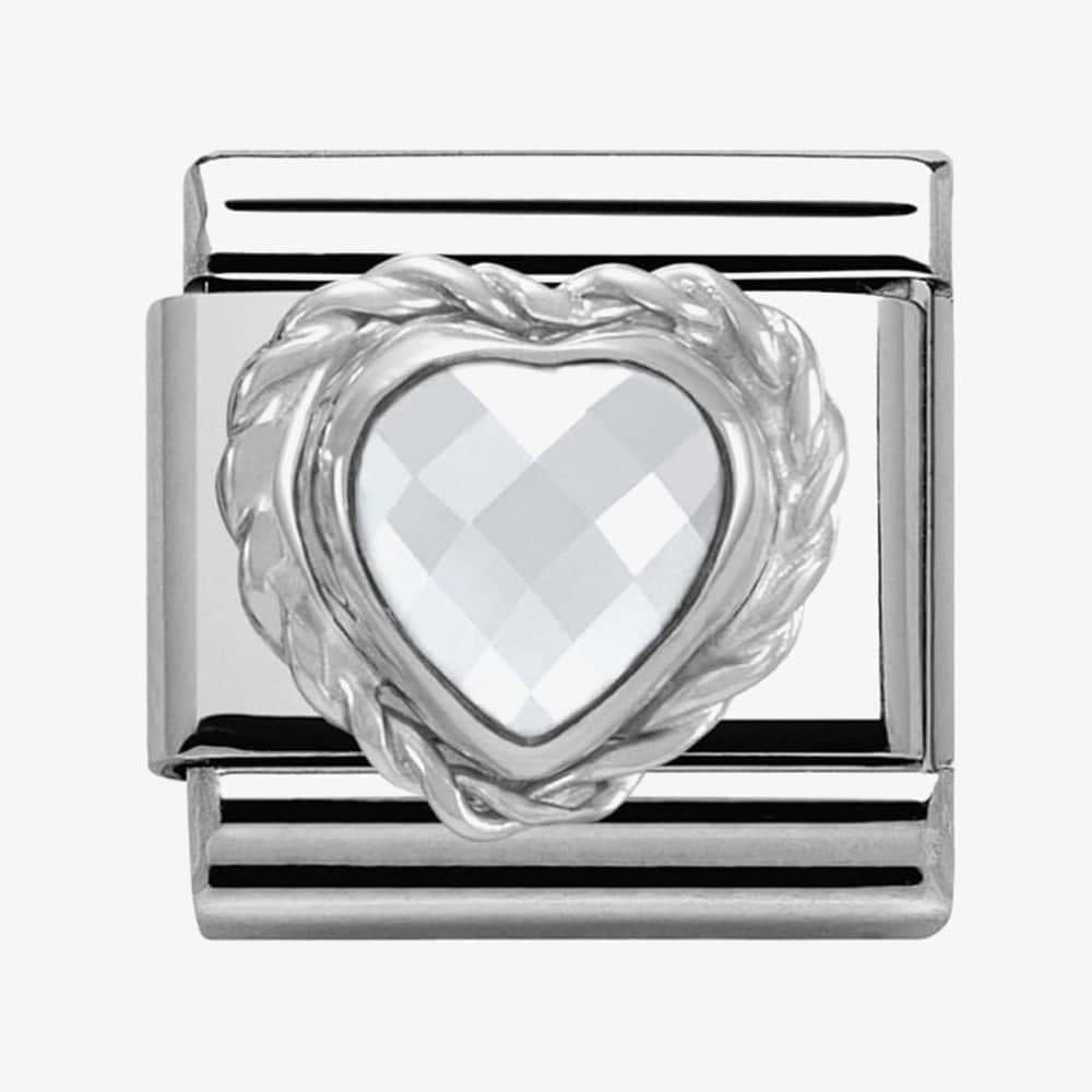 Composable WHITE HEART FACETED CZ in stainless steel 925 silver twisted setting