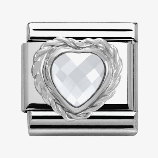 Composable WHITE HEART FACETED CZ in stainless steel 925 silver twisted setting