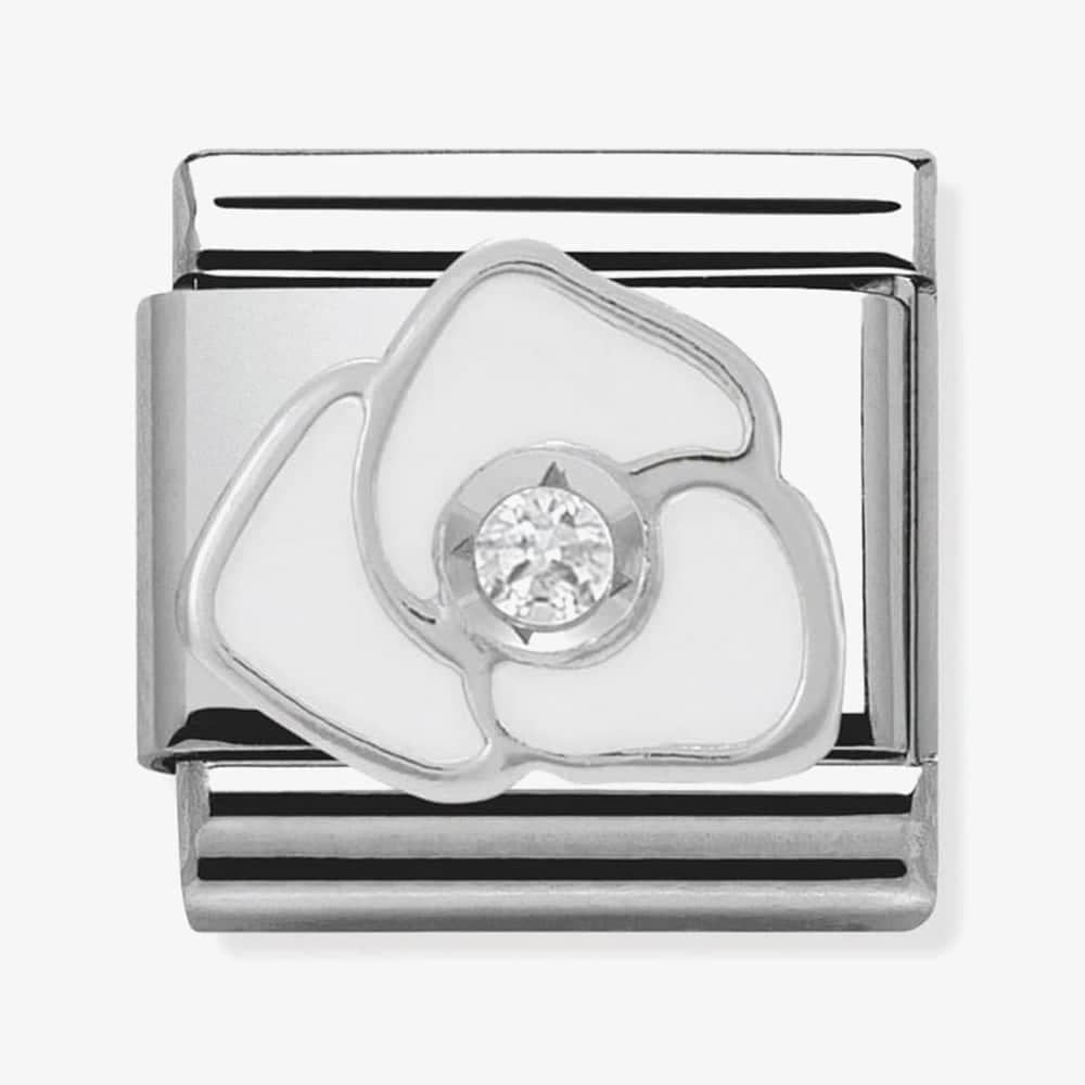 Composable WHITE ROSE stainless steel, enamel, 1 Cubic Zirconia and 925 silver