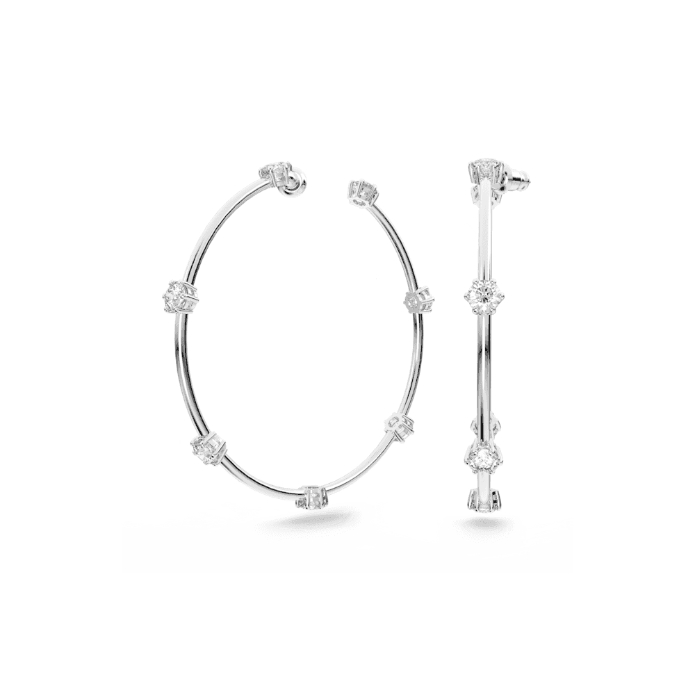Constella hoop earrings Round cut, Small, White, Rhodium plated