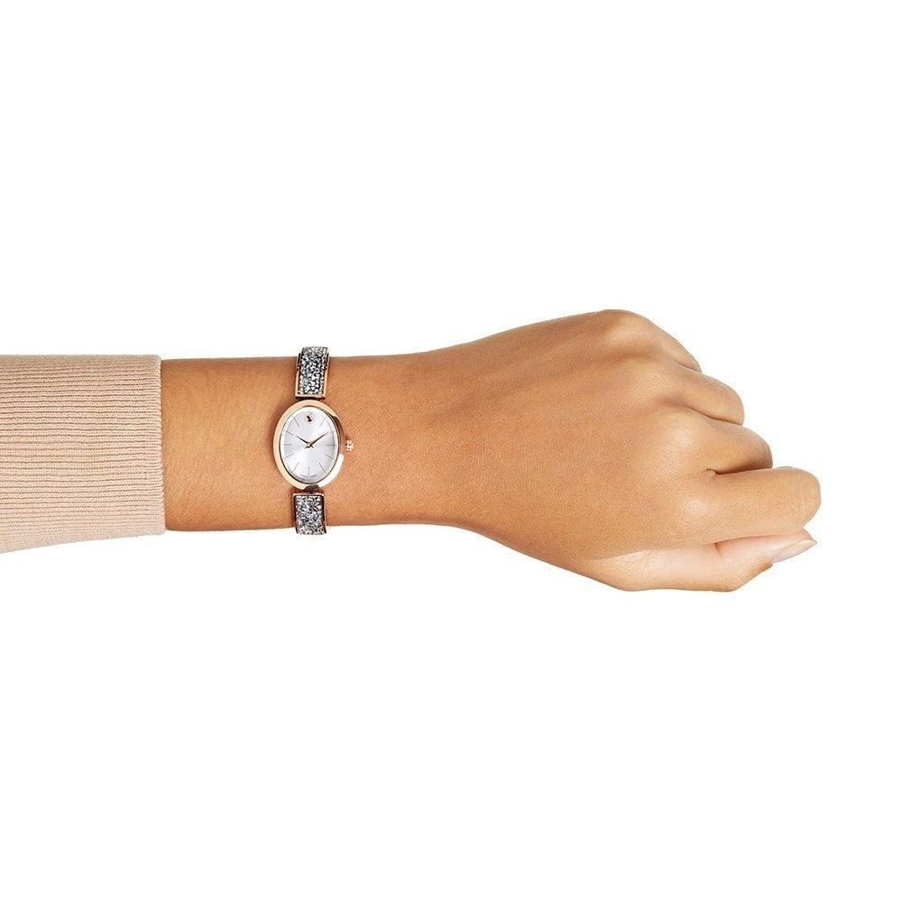 Crystal Rock Oval watch Swiss Made, Metal bracelet, Rose gold tone, Rose gold-tone finish
