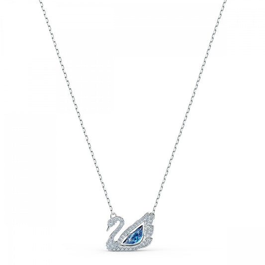 DANCING SWAN NECKLACE, DEEP BLUE CRYSTAL CENTRE & CLEAR CRYSTAL SURROUND, RHODIUM PLATED