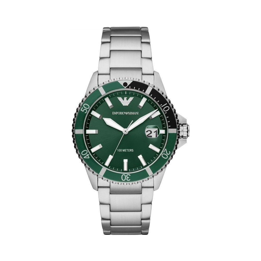 DIVER STAINLESS STEEL GENTS BRACELET WATCH WITH GREEN DIAL