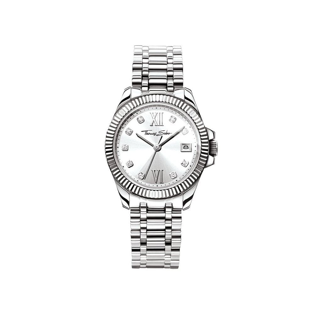 DIVINE LADIES WATCH, STAINLESS STEEL BRACELET, SILVER SUNRAY DIAL WITH CUBIC ZIRCONIA INDICES