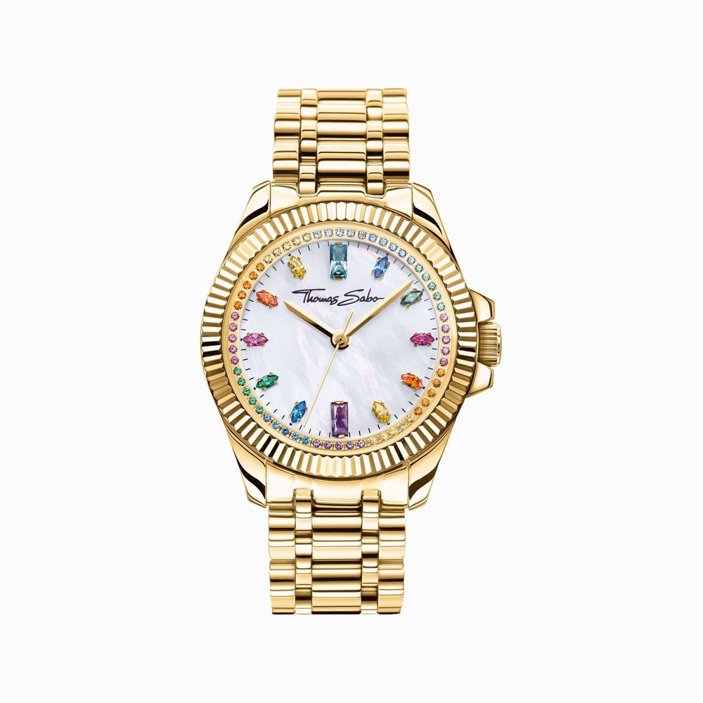 DIVINE RAINBOW, COLOURED STONES, YELLOW GOLD TONE WATCH