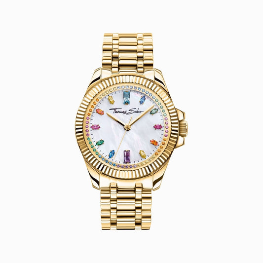 DIVINE RAINBOW, COLOURED STONES, YELLOW GOLD TONE WATCH