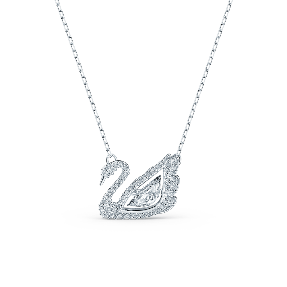 Dancing Swan necklace, Swan, White, Rhodium plated