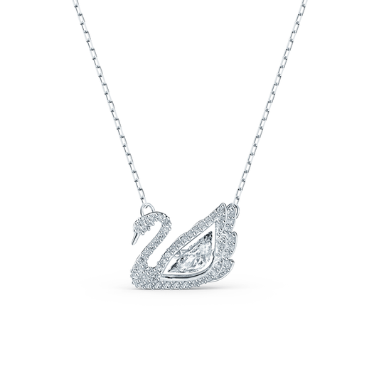 Dancing Swan necklace, Swan, White, Rhodium plated