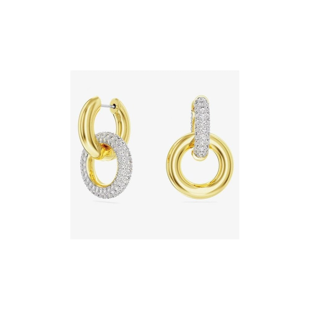 Dextera hoop earrings Asymmetrical design, Interlocking loop, White, Gold-tone plated