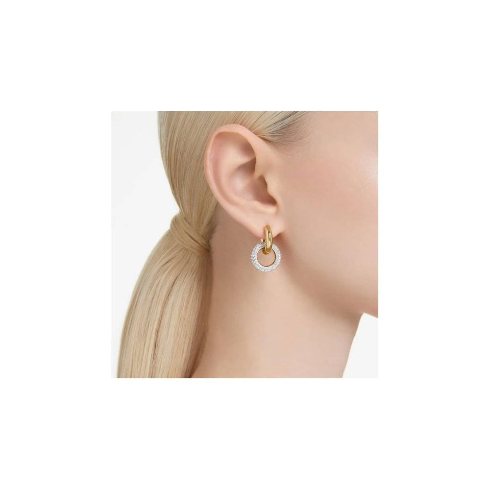 Dextera hoop earrings Asymmetrical design, Interlocking loop, White, Gold-tone plated