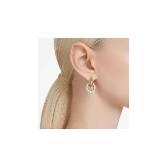 Dextera hoop earrings Asymmetrical design, Interlocking loop, White, Gold-tone plated