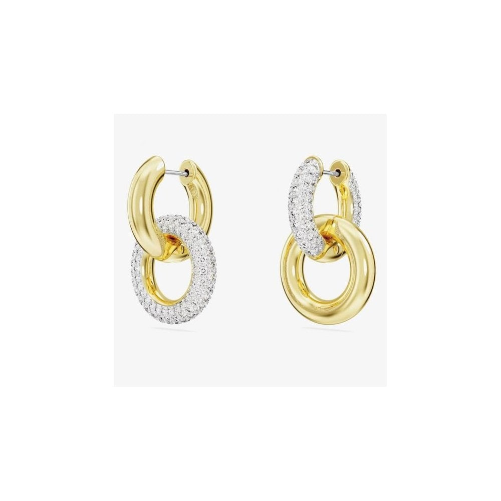 Dextera hoop earrings Asymmetrical design, Interlocking loop, White, Gold-tone plated