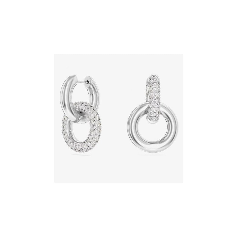 Dextera hoop earrings Asymmetrical design, Interlocking loop, White, Rhodium plated