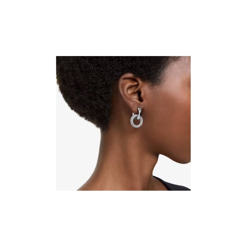 Dextera hoop earrings Asymmetrical design, Interlocking loop, White, Rhodium plated