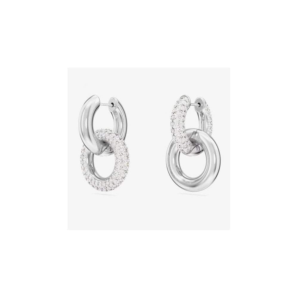 Dextera hoop earrings Asymmetrical design, Interlocking loop, White, Rhodium plated